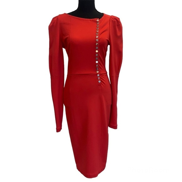 MISS Sixty Rare Red Long Sleeve Button Front Puff Shoulder Bodycon Dress Sz M - Picture 1 of 17